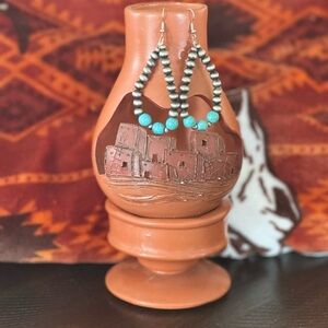 Elegant Silver Navajo Pearl and Turquoise Hand Beaded Earrings